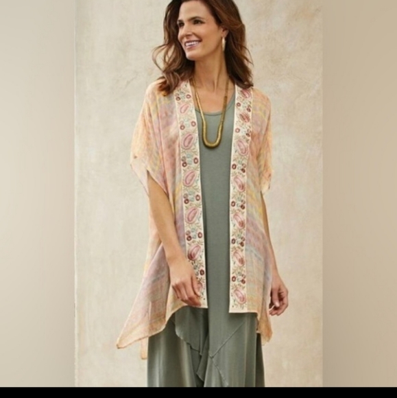 Soft Surroundings Pink tie die kimono Topper Pastel embroidered Cardigan Top S M - Picture 3 of 3